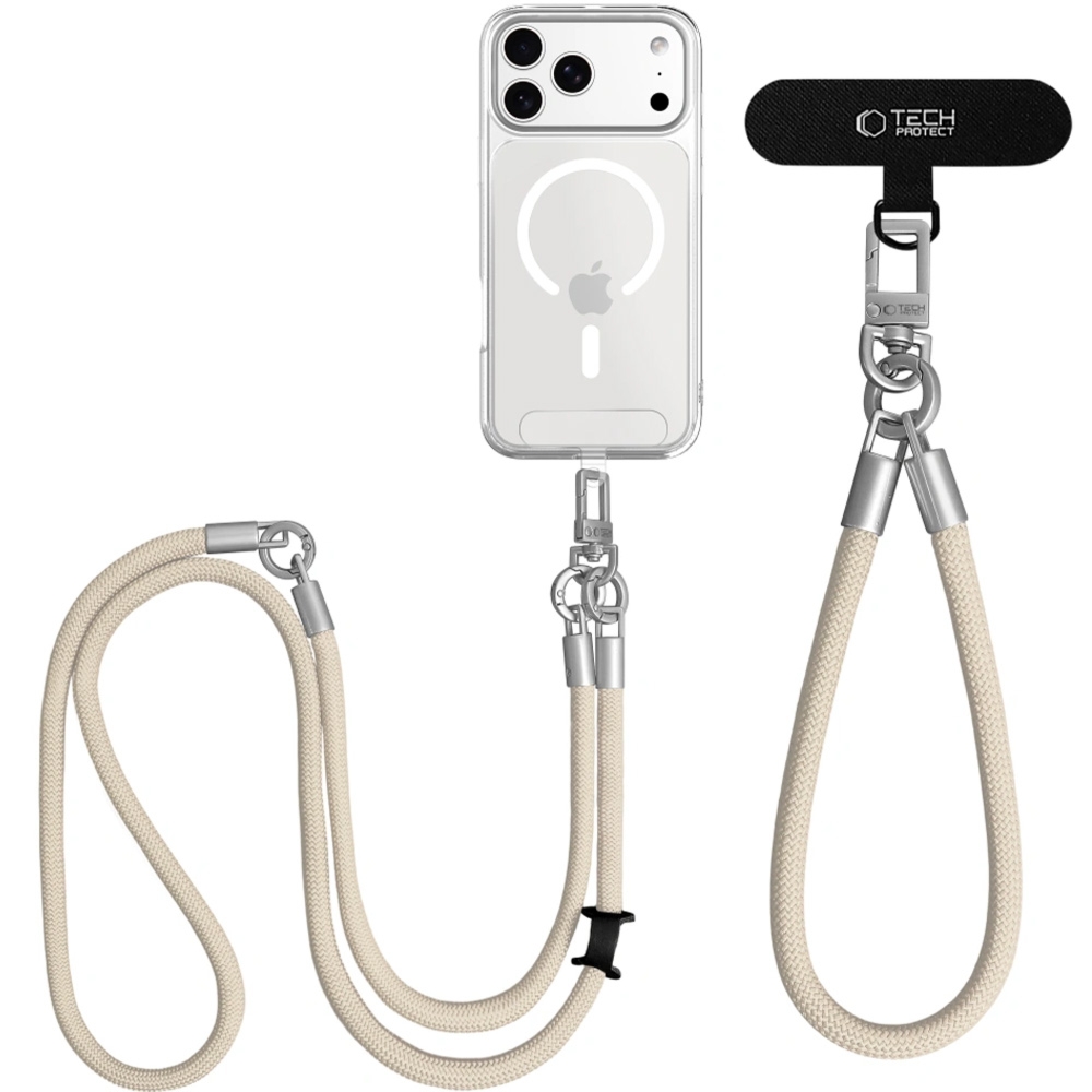 Uniwersalna smycz do telefonu, sznurek Tech-Protect C10S Rope Crossbody & Wrist, beżowa