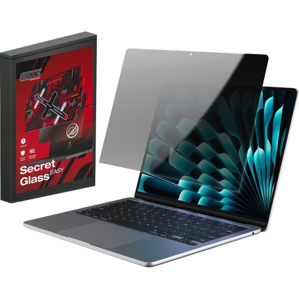 Szkło hybrydowe, prywatyzujące na ekran Grizz SecretGlass Easy do MacBook Air 13″ M5 2026 z aplikatorem, matowe