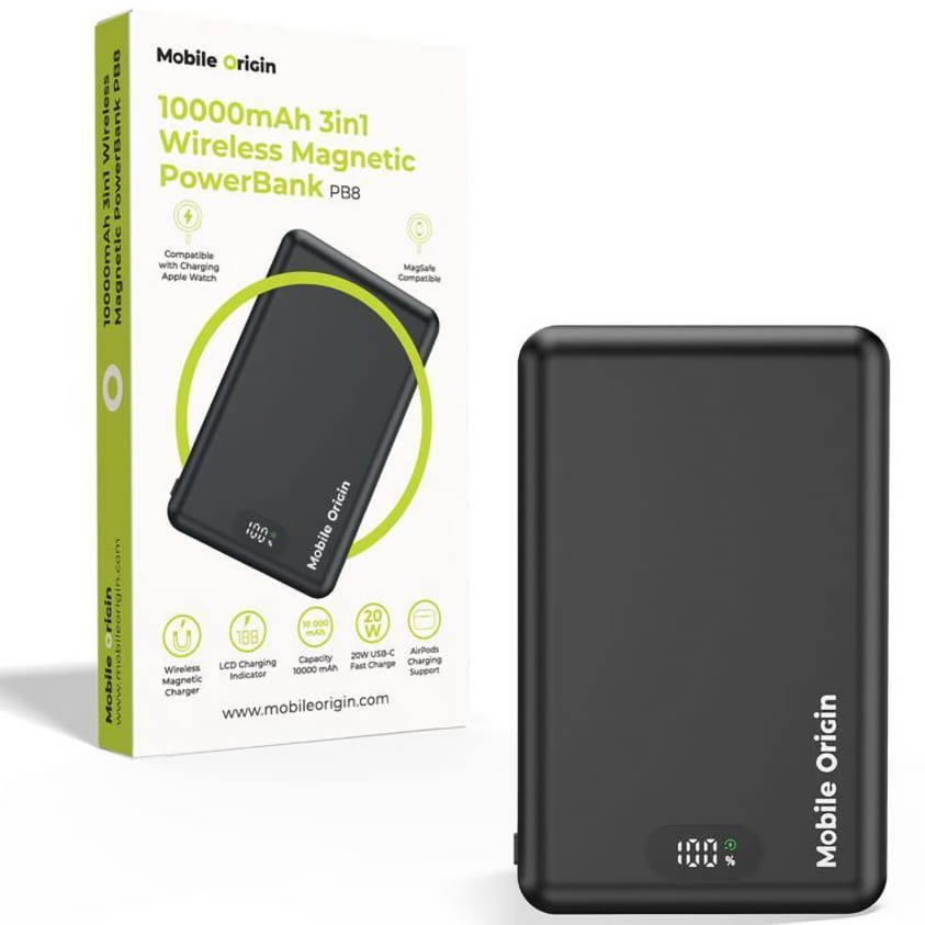 OUTLET: Powerbank indukcyjny Mobile Origin 3in1 Wireless Magnetic PB8, do MagSafe +kabel USB-C, PD 20W, 10 000mAh, czarny