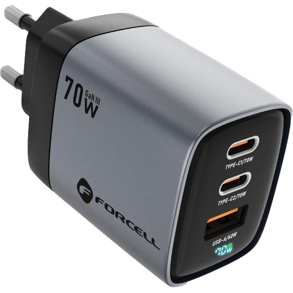 Image of Ładowarka sieciowa Forcell F-Energy Wall Charger GaN III 70W, 2x USB-C PD, 1x USB-A, QC 4.0, szara