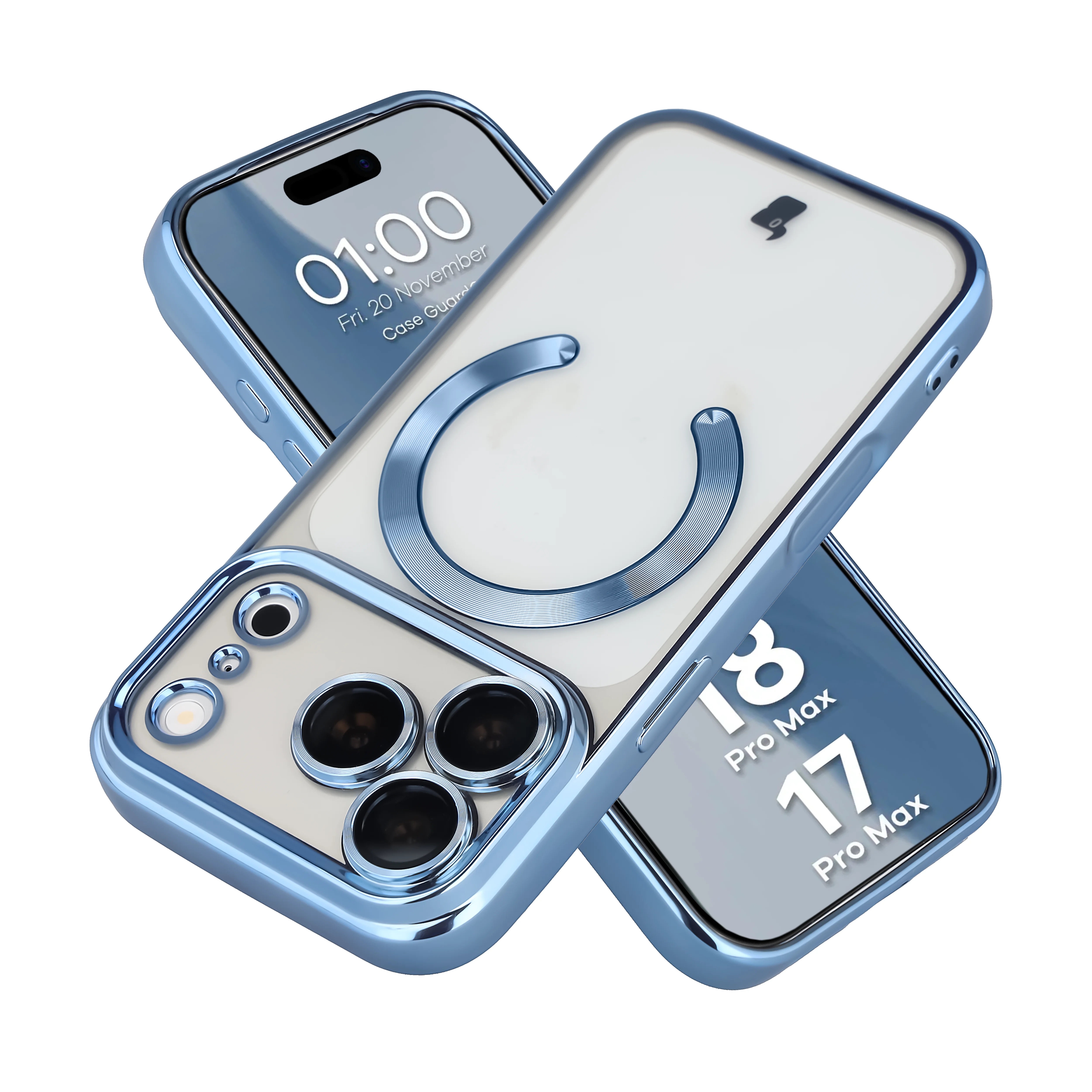Etui z ochroną aparatu i pierścieniem magnetycznym Bizon Case GuardO do iPhone 18 Pro Max / 17 Pro Max, przezroczysto-niebieskie