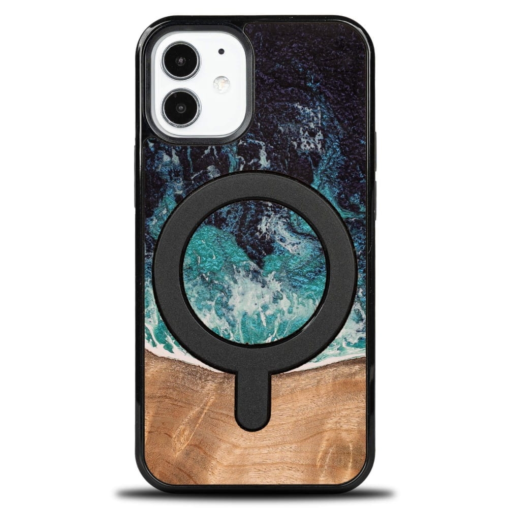 Drewniane etui do iPhone 12 Mini, Bewood Unique Dream Island do MagSafe, niebiesko-brązowe