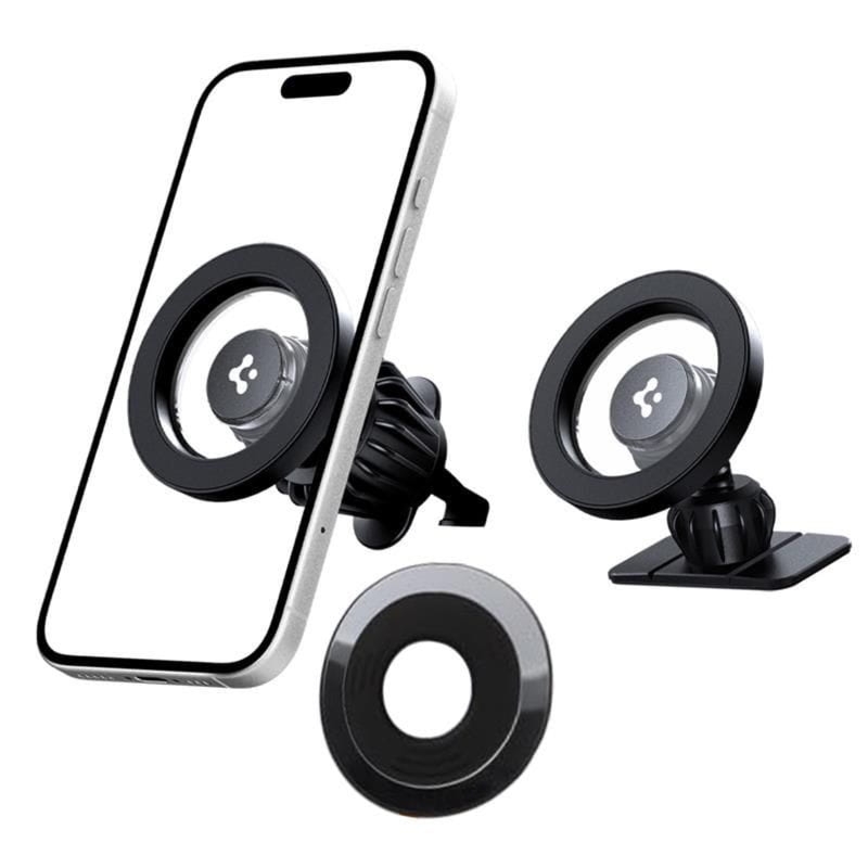 Uchwyt samochodowy, magnetyczny na telefon na deskę rozdzielczą / kratkę nawiewu do MagSafe Spigen MFT13 Magnetic Car Mount z blaszką magnetyczną, czarny