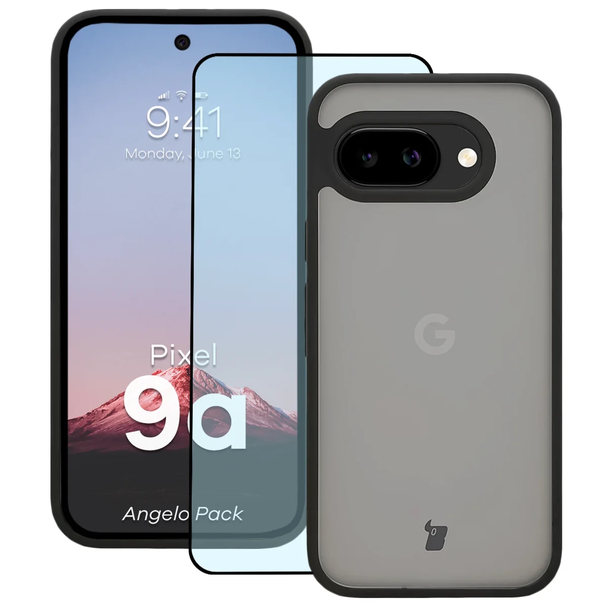 Etui + szkło hartowane Bizon Angelo Pack do Google Pixel 9a, przydymione z czarną ramką