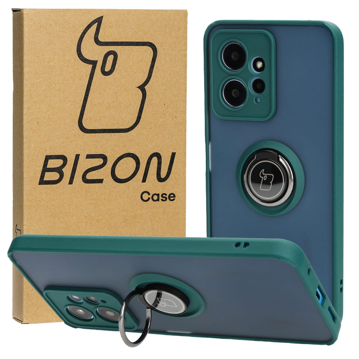 Image of Etui z uchwytem na palec Bizon Case Hybrid Ring do Xiaomi Redmi Note 12 4G, przydymione z ciemnozieloną ramką
