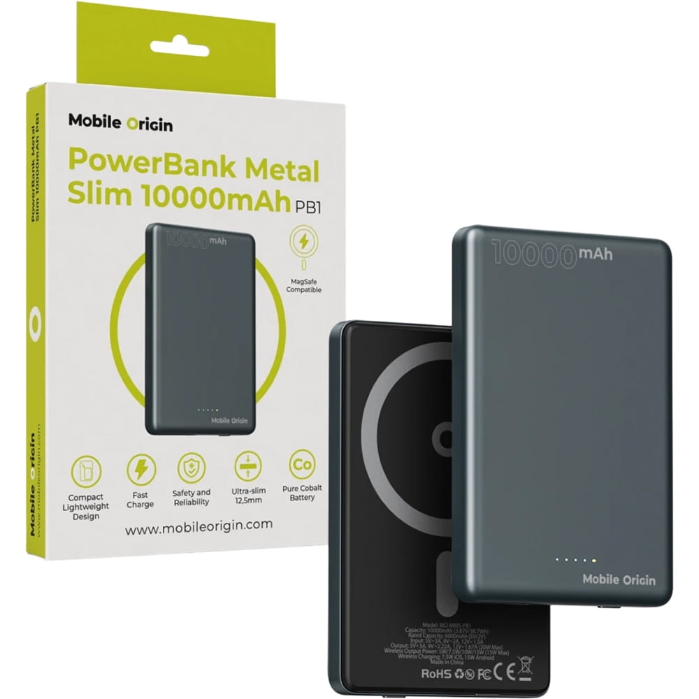Powerbank indukcyjny Qi do MagSafe, USB-C 20W PD, Mobile Origin Metal Slim PB1 + kabel, czarny