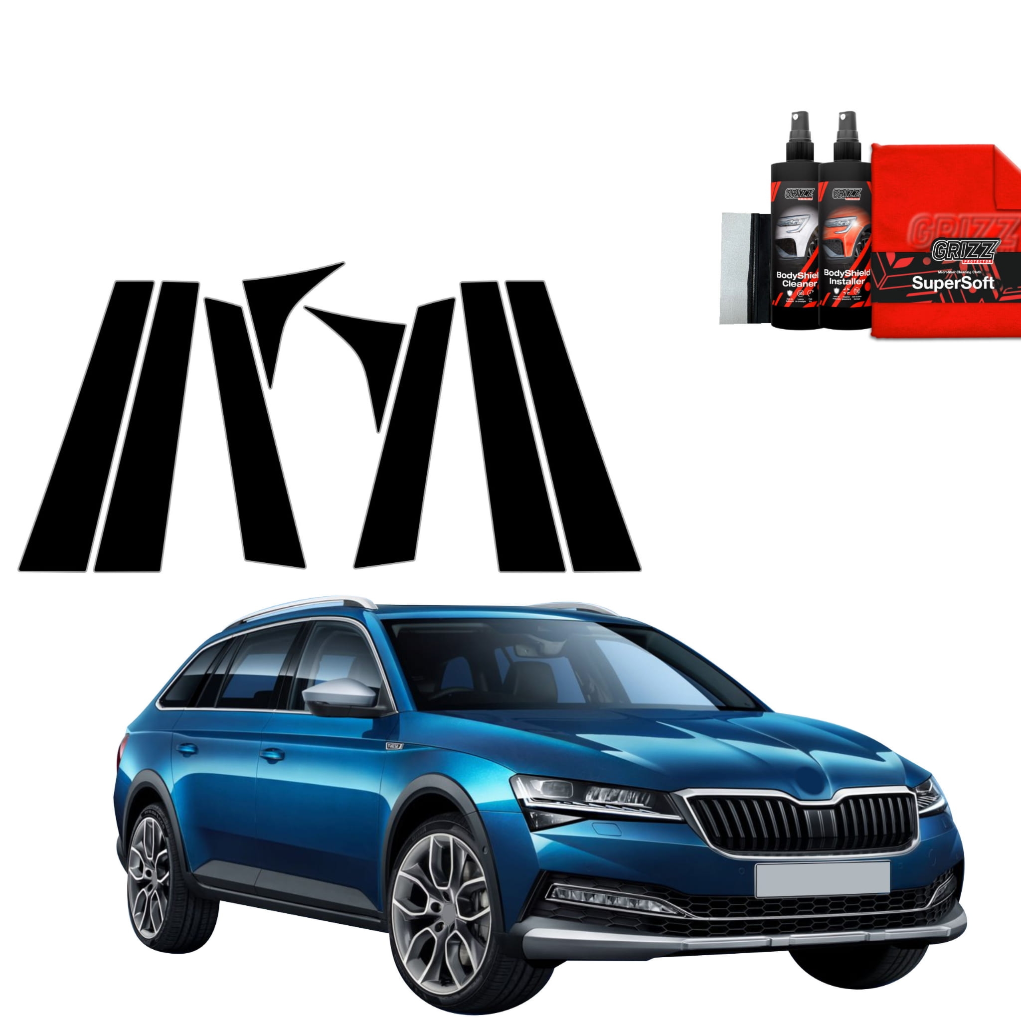 8w1 Czarna folia Grizz Protector na słupki do Skoda Superb 3 Combi (2016-2019)