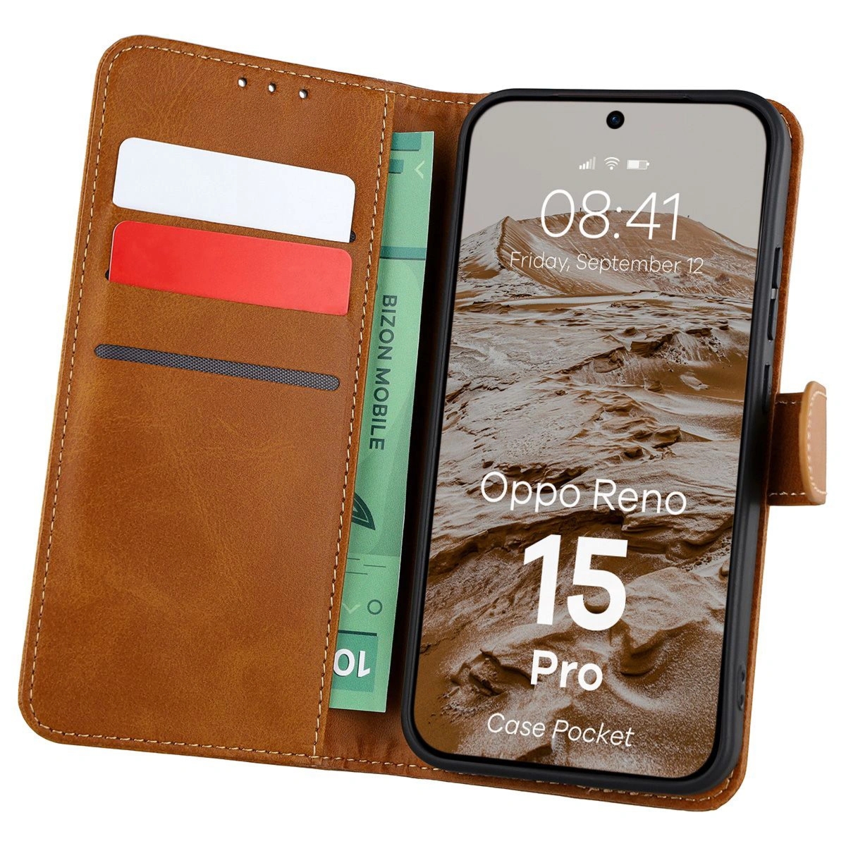 Etui z klapką Bizon Case Pocket do Oppo Reno 15 Pro, brązowe