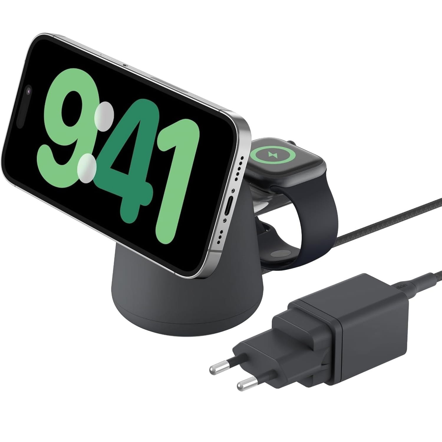 Ładowarka indukcyjna Belkin Boost Pro MFi 2w1 Qi2 15W +PSU WIZ027 dla iPhone z MagSafe / Apple Watch, szara