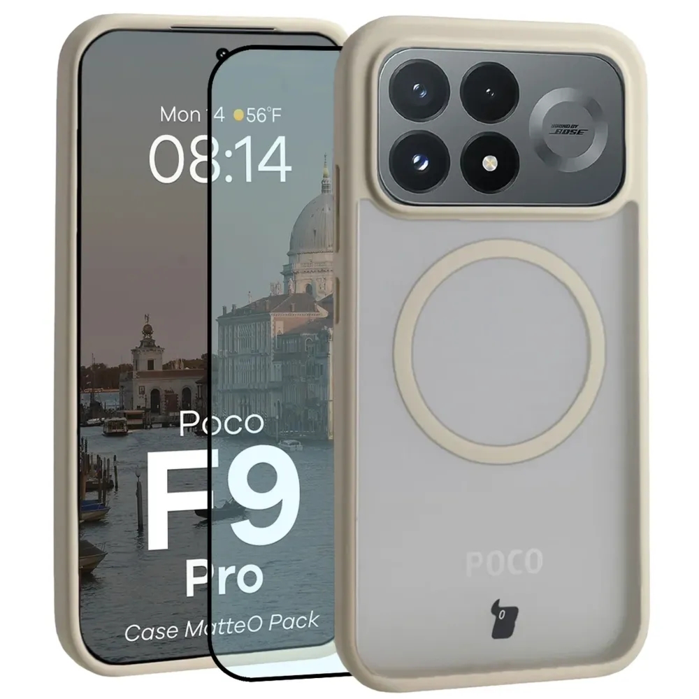 Etui z pierścieniem magnetycznym + szkło hartowane Bizon MatteO Pack do Xiaomi POCO F9 Pro, przydymione-beżowe
