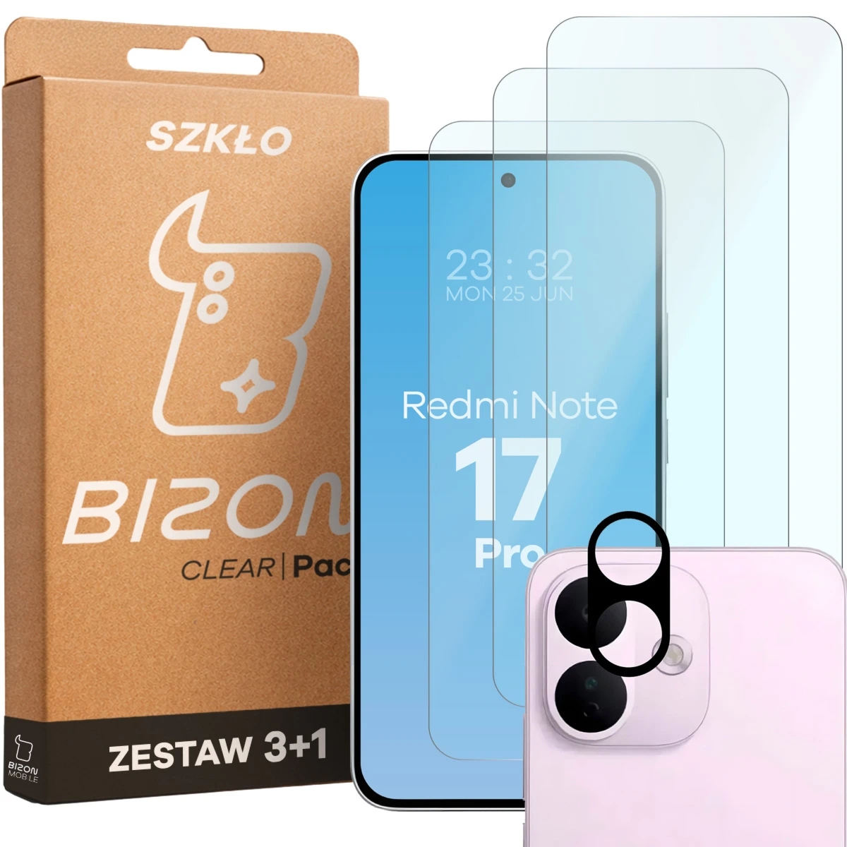 3x Szkło hartowane + szybka na aparat Bizon Glass Clear Pack do Xiaomi Redmi Note 17 Pro 5G