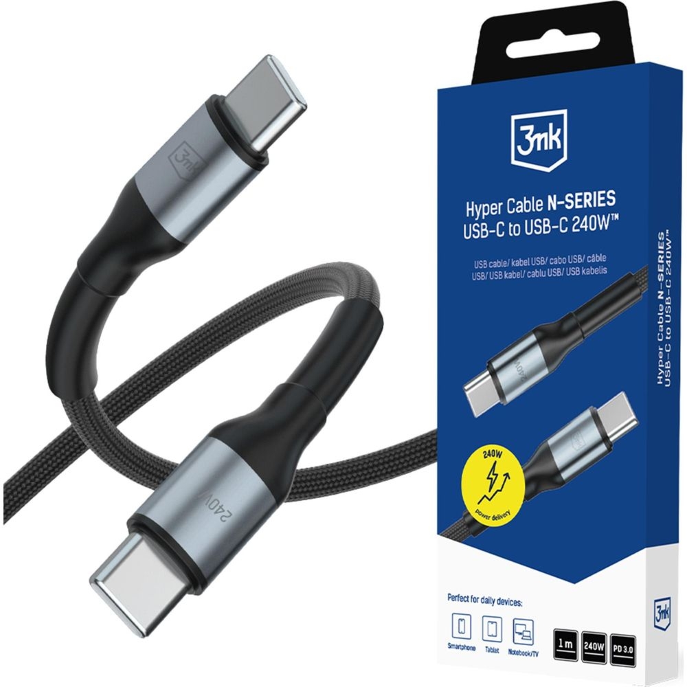 Kabel z oplotem 3mk Hyper Cable USB-C do USB-C, 240W, PD, QC, 1 m, czarny
