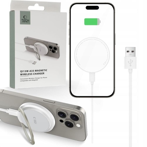 Image of Ładowarka indukcyjna Tech-Protect Qi15W A33 Magnetic Wireless Charger do MagSafe, Qi + kabel USB-C, 1m, biała