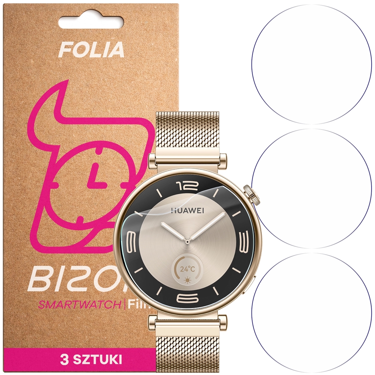 Folia ochronna na ekran zegarka Bizon Watch Film HydroFlex do Huawei Watch GT 4 41 mm Elegant, 3 sztuki