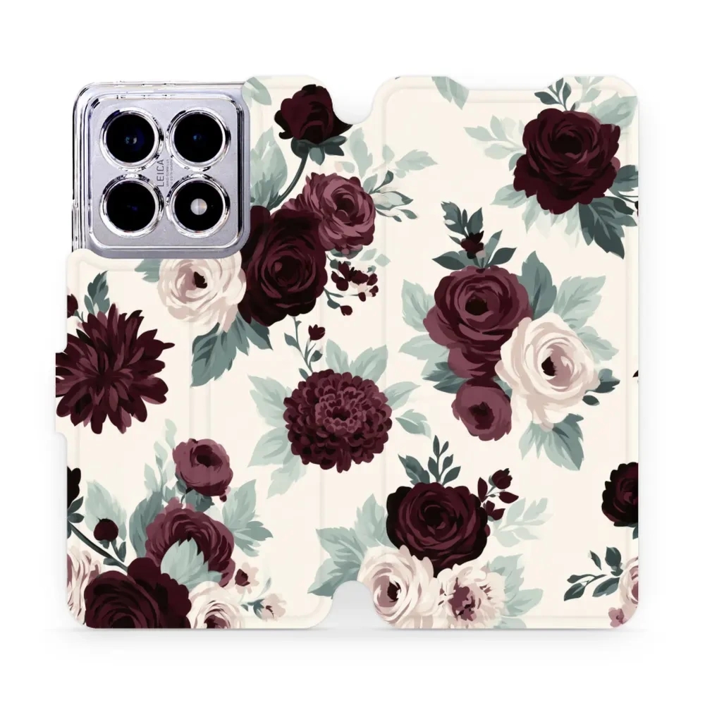 Etui z klapką do Xiaomi 14T, Mobiwear Book, róże z szałwią na kremie