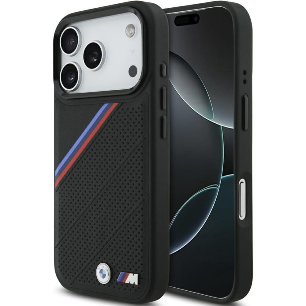 Etui BMW M Tricolor Metal Logo do MagSafe do iPhone 18 Pro / 17 Pro, czarne