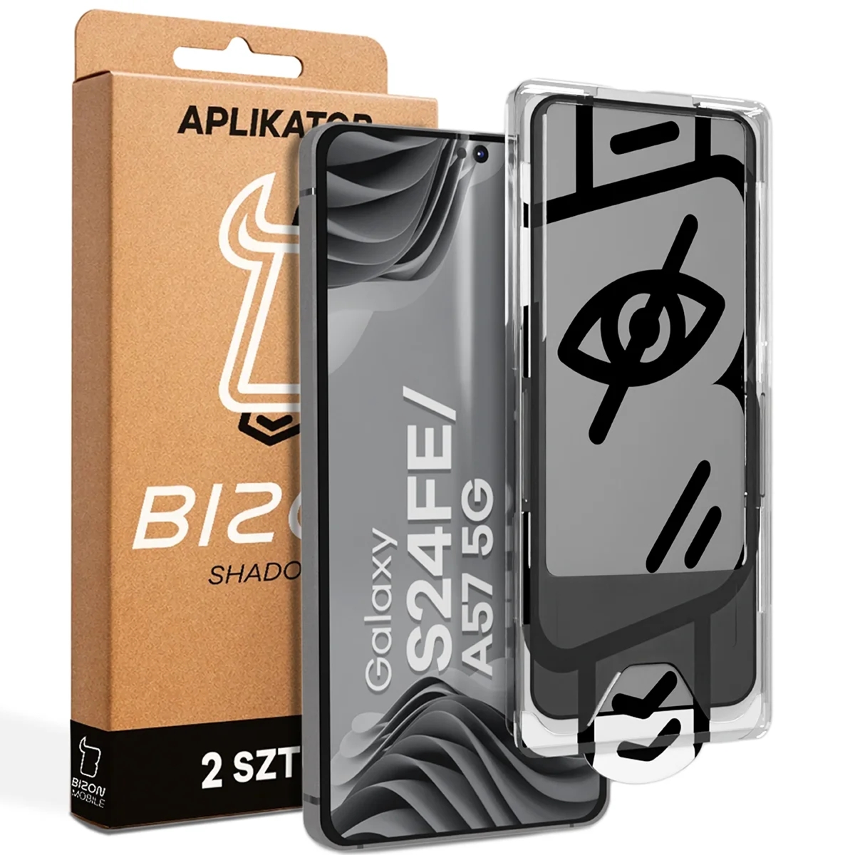 Szkło prywatyzujące z ramką aplikacyjną Bizon Glass Aplikator Shadow do Galaxy S24 FE / A57 5G, 2 zestawy