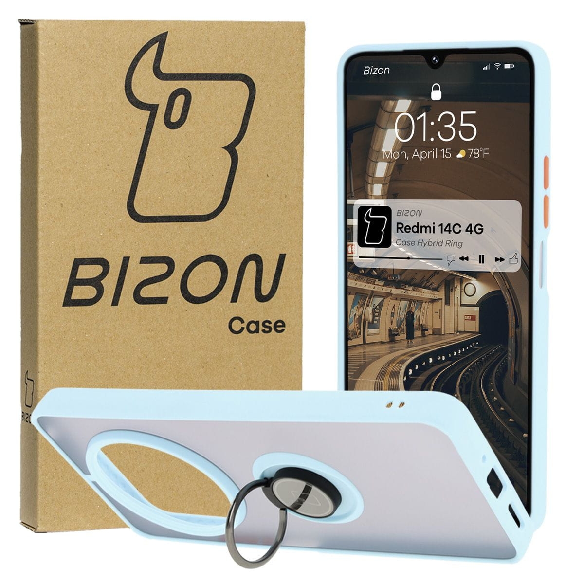 Image of Etui z uchwytem na palec Bizon Case Hybrid Ring do Xiaomi Redmi 14C 4G / POCO C75, przydymione z jasnoniebieską ramką