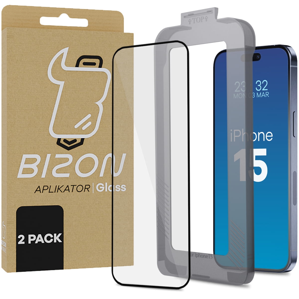 Image of Szkło hartowane z ramką do łatwej aplikacji Bizon Glass Aplikator do iPhone 15, 2 sztuki