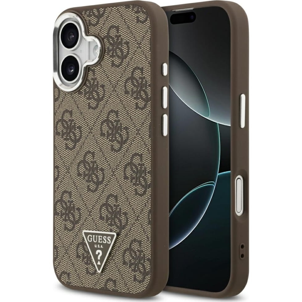 Etui Guess Hardcase Leather 4G Triangle Strass do iPhone 17, brązowe