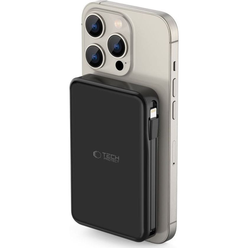 Image of Powerbank z ładowaniem indukcyjnym 10000mAh 15W z wbudowanym kablem USB-C i Lightning, Tech-Protect PB31 Lifemag, czarny