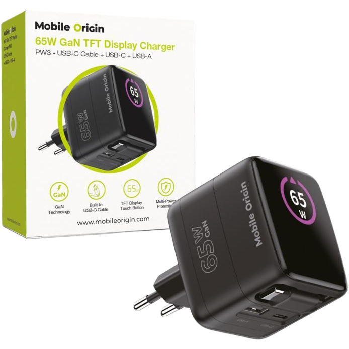 Ładowarka sieciowa GaN USB-C PD, USB-A, 65W, Mobile Origin PW3 + wysuwany kabel, wyświetlacz, czarna
