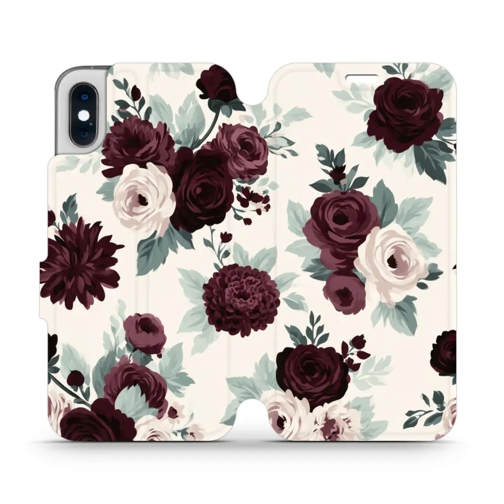 Etui z klapką do iPhone XS, Mobiwear Book, róże z szałwią na kremie