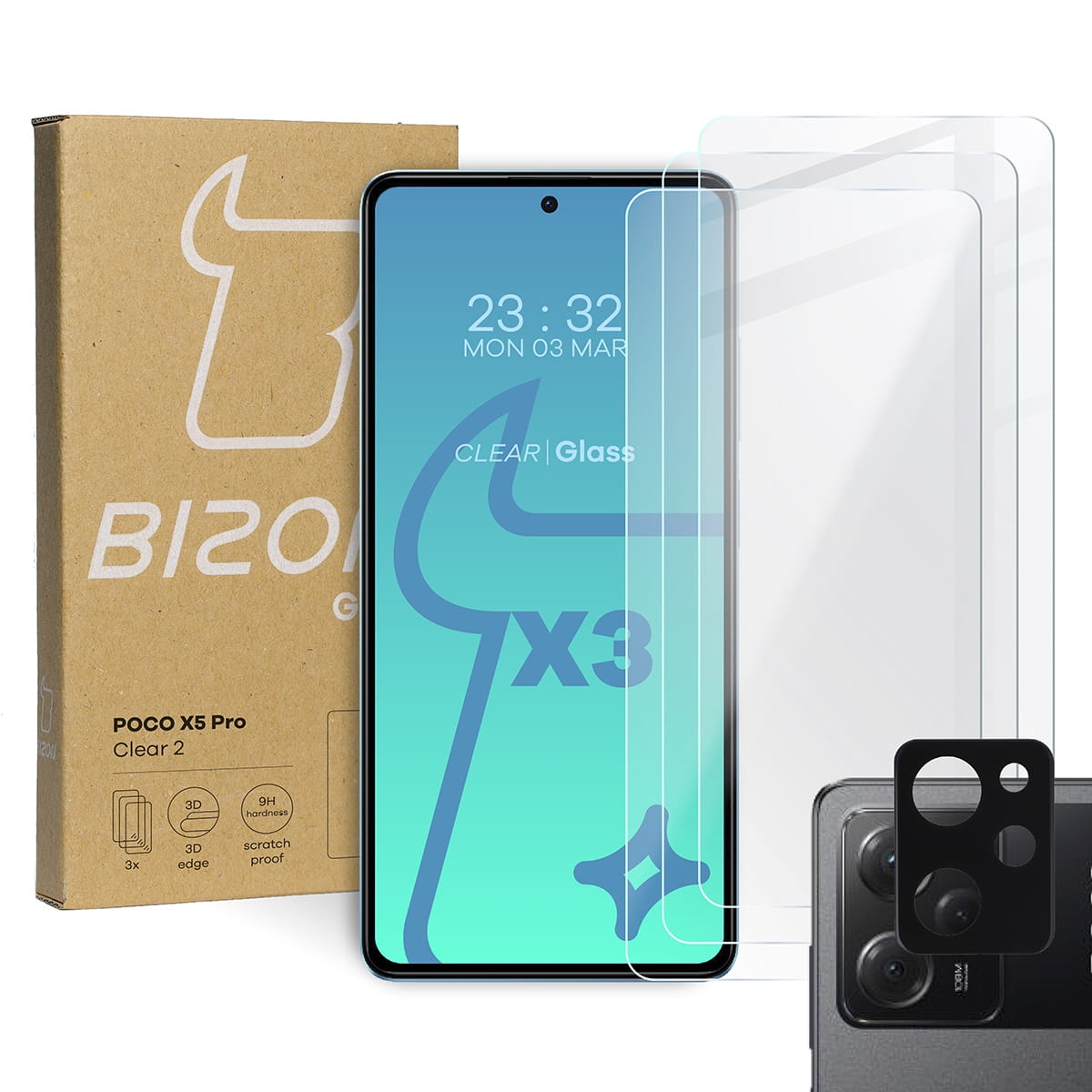 Image of 3x Szkło hartowane + szybka na aparat Bizon Glass Clear 2 Pack do Poco X5 Pro
