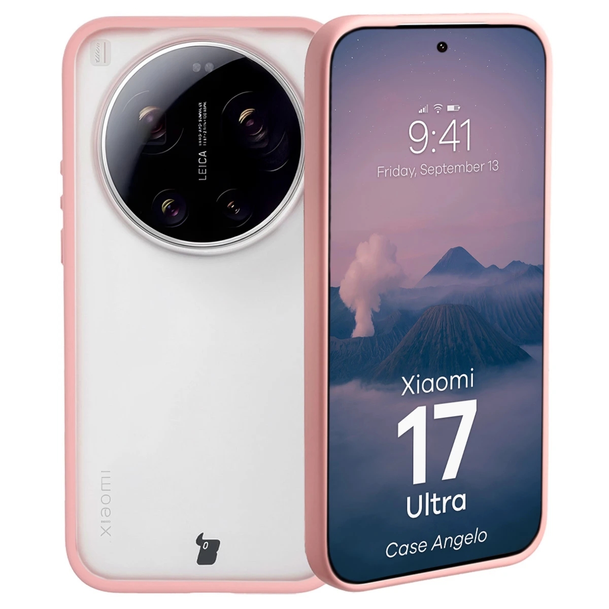 Etui Bizon Case Angelo do Xiaomi 17 Ultra, półprzezroczyste z jasnoróżową ramką