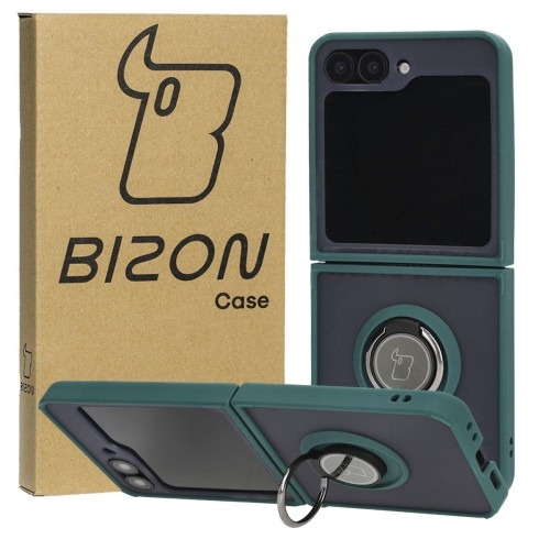 Image of Etui z uchwytem na palec Bizon Case Hybrid Ring do Galaxy Z Flip6, przydymione z ciemnozieloną ramką