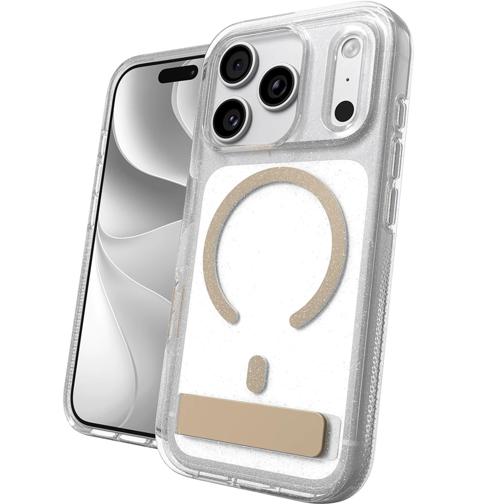 Etui ZAGG Milan Snap Kickstand do MagSafe do iPhone 18 Pro / 17 Pro, przezroczysto-złote z brokatem