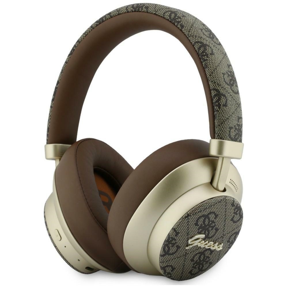 Bezprzewodowe słuchawki nauszne Guess BT Wireless Headphones ENC 4G PU Gold Script Metal Bluetooth 5.4, brązowe