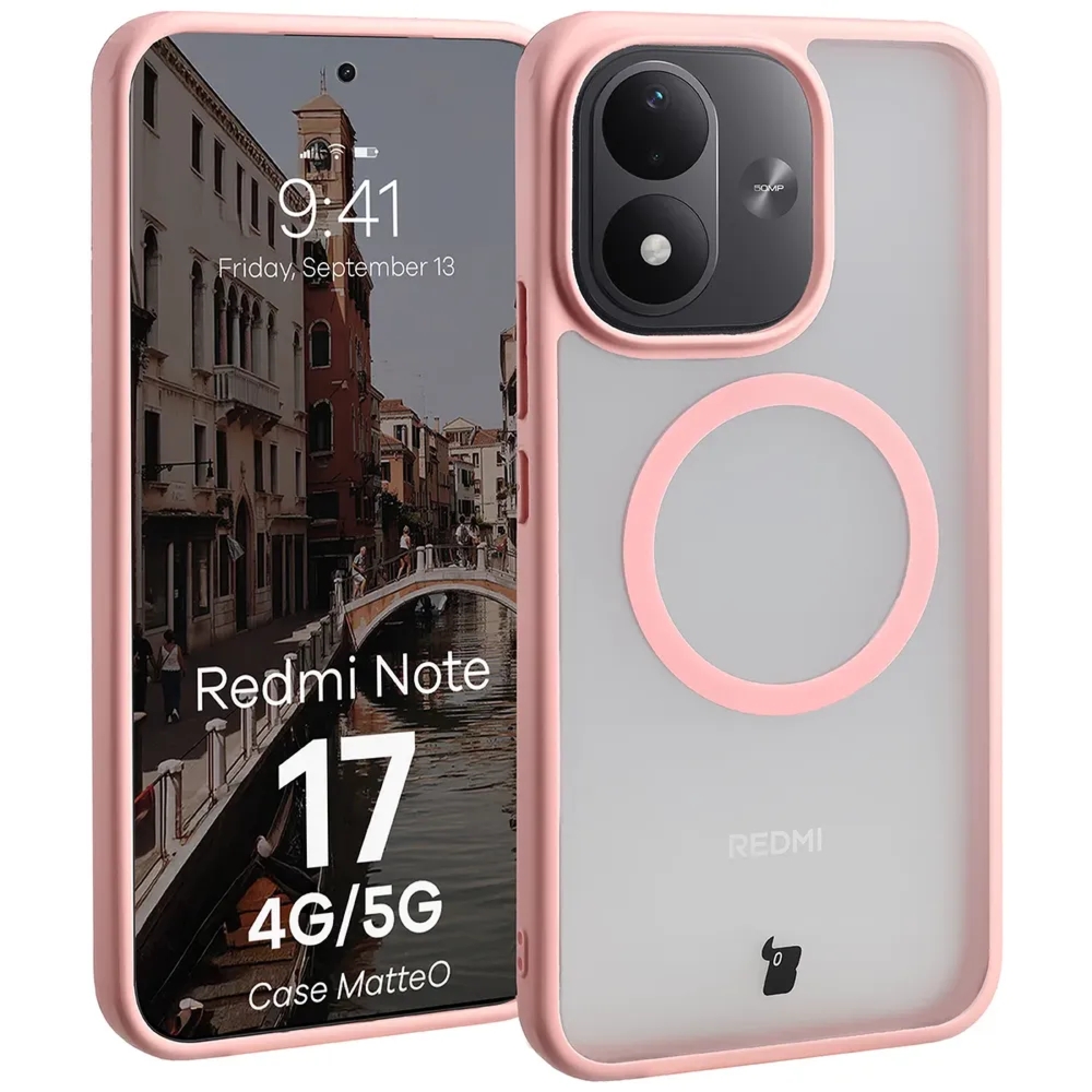 Etui z pierścieniem magnetycznym Bizon Case MatteO do Xiaomi Redmi Note 17 4G/5G, przydymione-jasnoróżowe