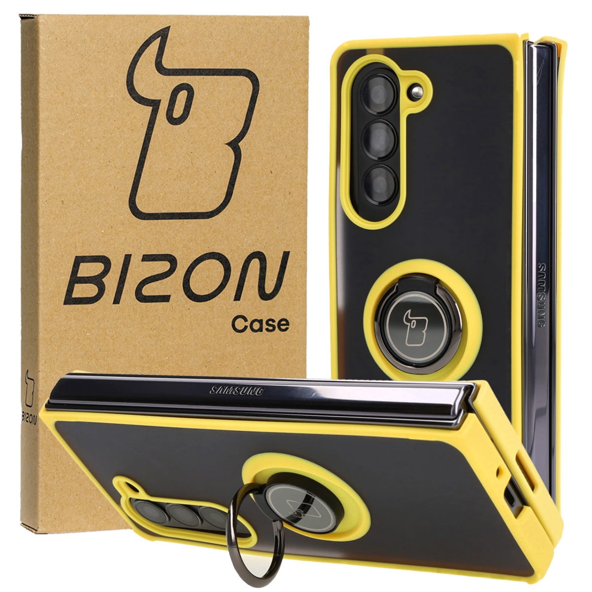 Image of Etui z uchwytem na palec Bizon Case Hybrid Ring do Galaxy Z Fold5, przydymione z żółtą ramką