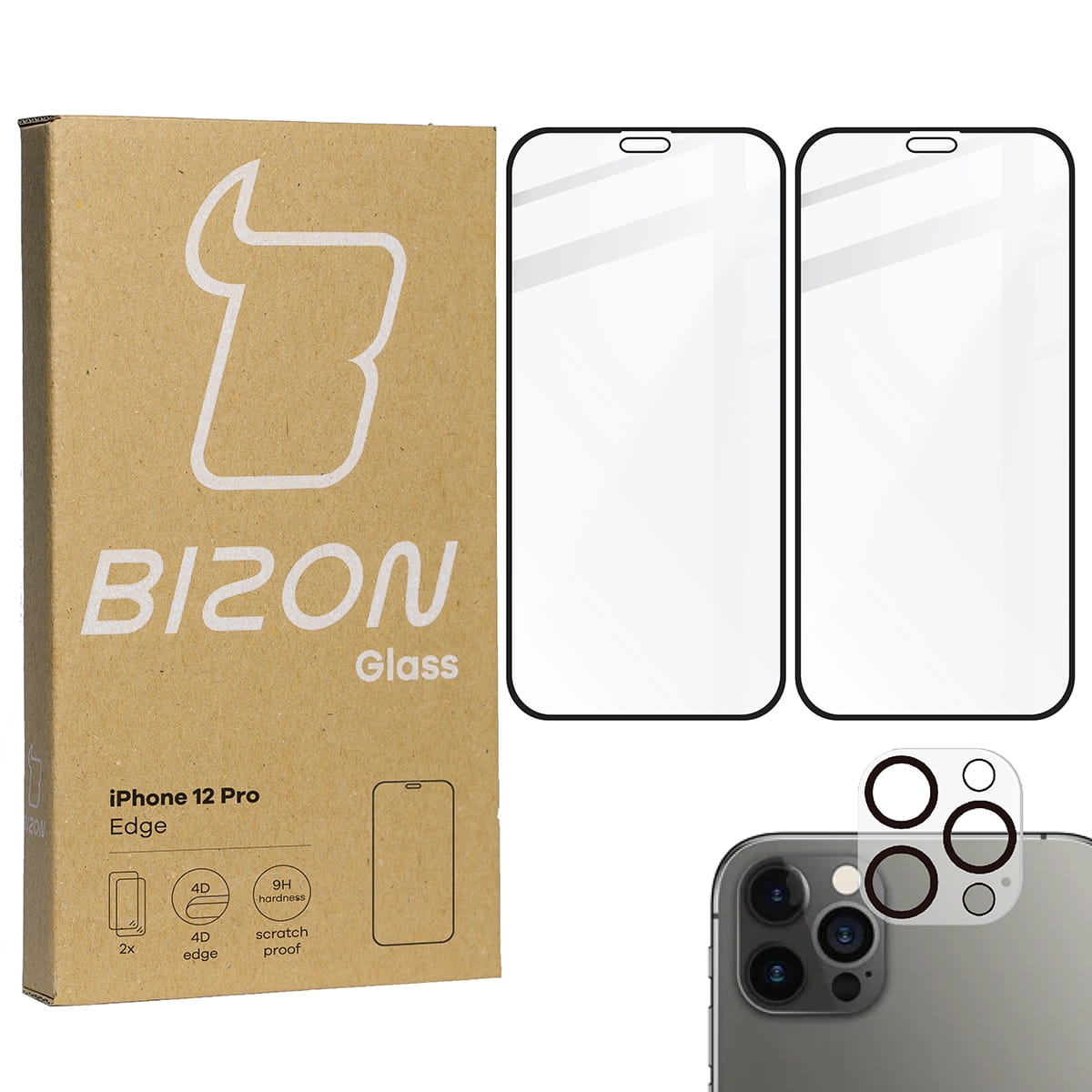 Image of 2x Szkło + szybka na aparat Bizon Edge Pack, iPhone 12 Pro, czarne