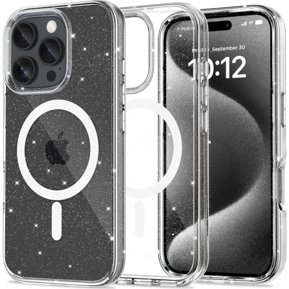 Etui Tech-Protect Flexair Hybrid do MagSafe do iPhone 16 Pro Max, przezroczyste z brokatem