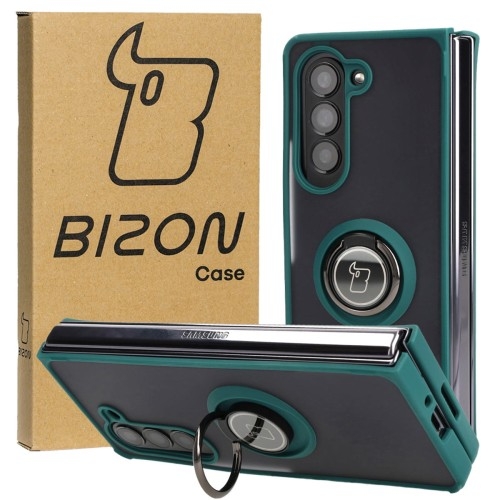 Image of Etui z uchwytem na palec Bizon Case Hybrid Ring do Galaxy Z Fold5, przydymione z ciemnozieloną ramką