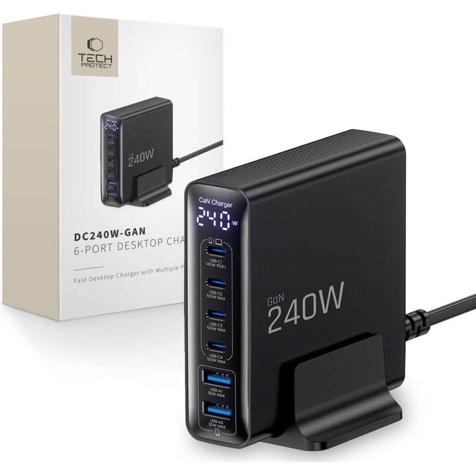 Stacja ładująca GaN 4x USB-C PD, 2x USB-A QC 3.0, 240W, Tech-Protect DC240W, czarna