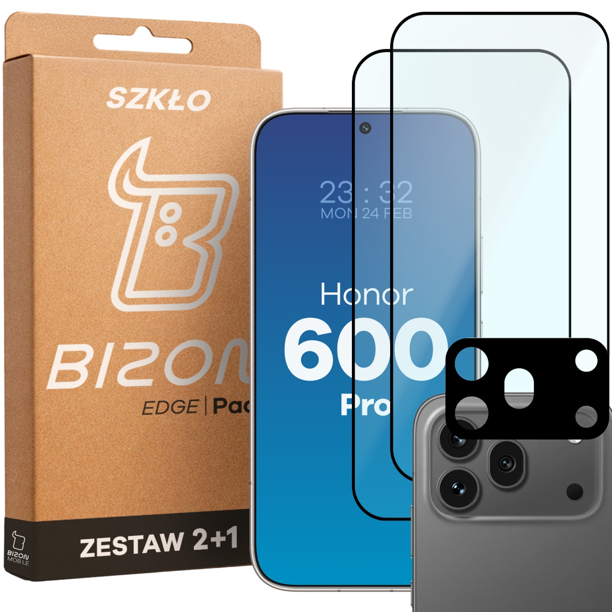 2x Szkło + szybka na aparat Bizon Glass Edge Pack do Honor 600 Pro 5G
