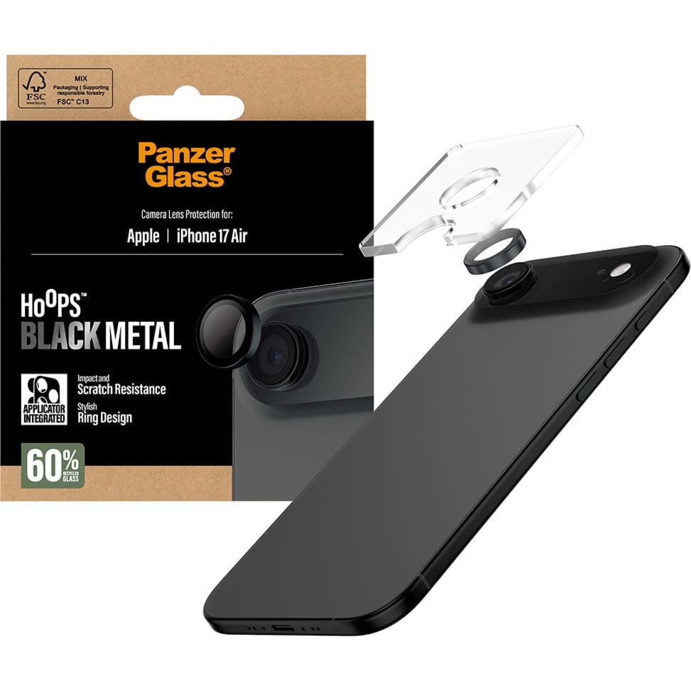 Szkło hartowane na aparat z aplikatorem PanzerGlass Hoops do iPhone Air, przezroczysto-czarne