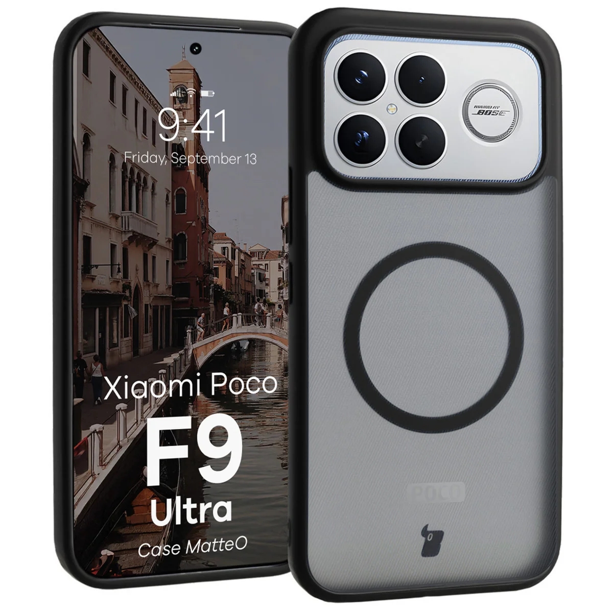 Etui z pierścieniem magnetycznym Bizon Case MatteO do Xiaomi POCO F9 Ultra, przydymione-czarne