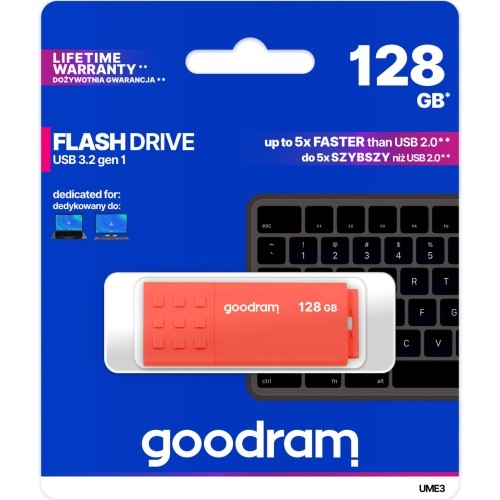 Image of Pendrive USB-A 3.2 Gen 1, Goodram UME3 128GB, 60MB/s, pomarańczowy