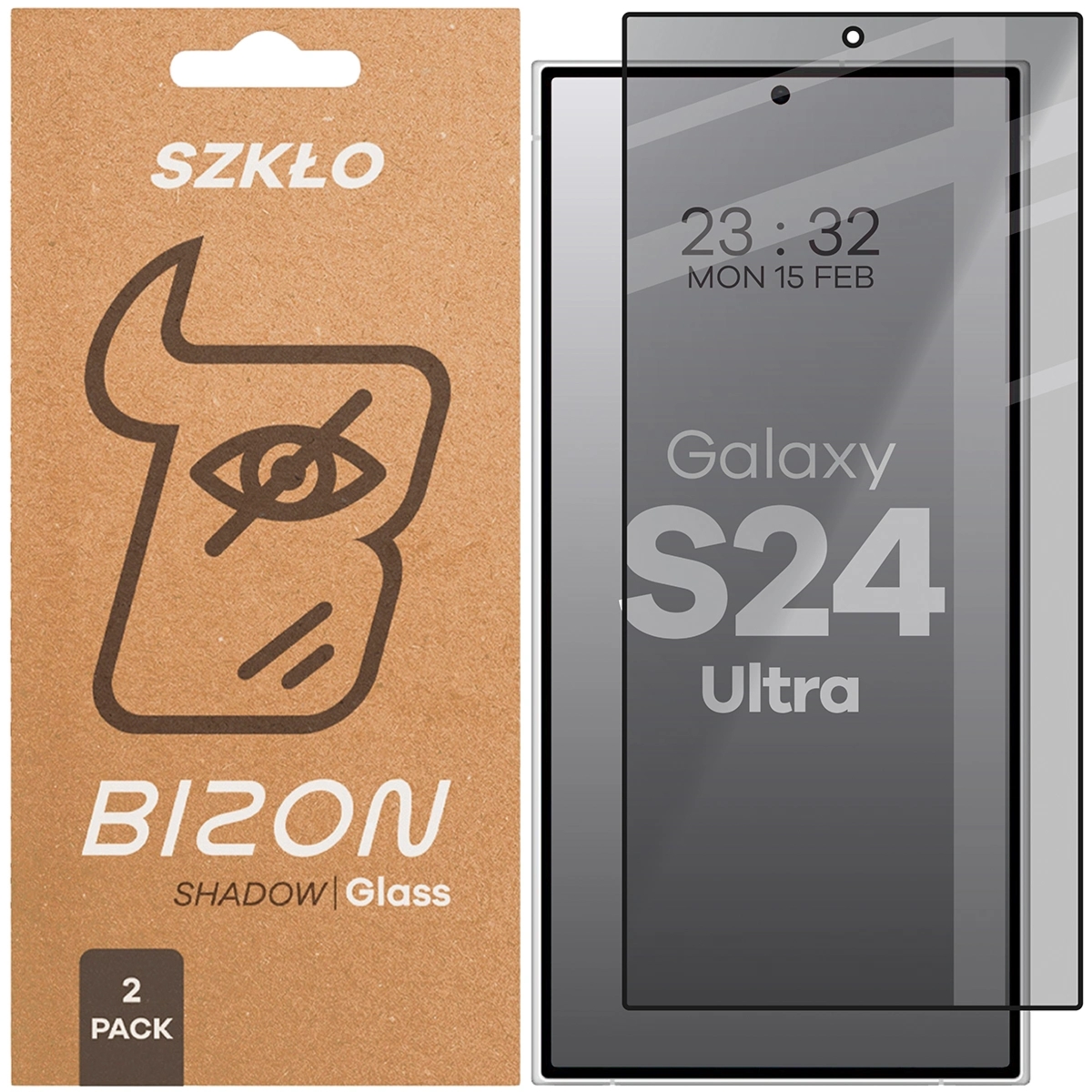 Prywatyzujące szkło hartowane Bizon Glass Edge Shadow Duo do Galaxy S24 Ultra, przyciemniane z czarną ramką, 2 sztuki