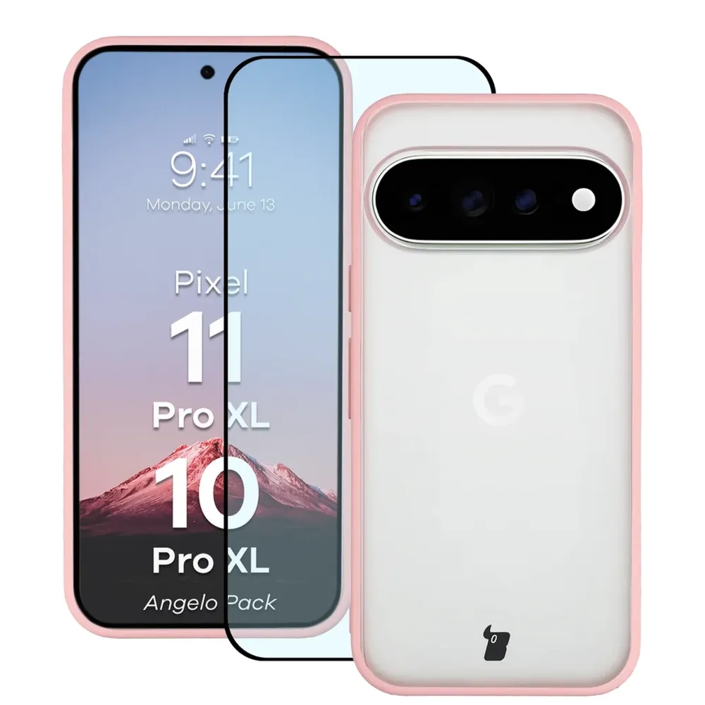 Etui + szkło hartowane Bizon Angelo Pack do Google Pixel 11 Pro XL / 10 Pro XL, półprzezroczyste z jasnoróżową ramką