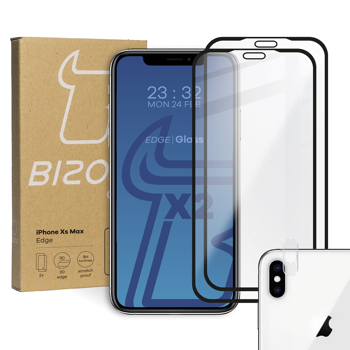Image of 2x Szkło + szybka na aparat Bizon Edge Pack, iPhone Xs Max, czarne