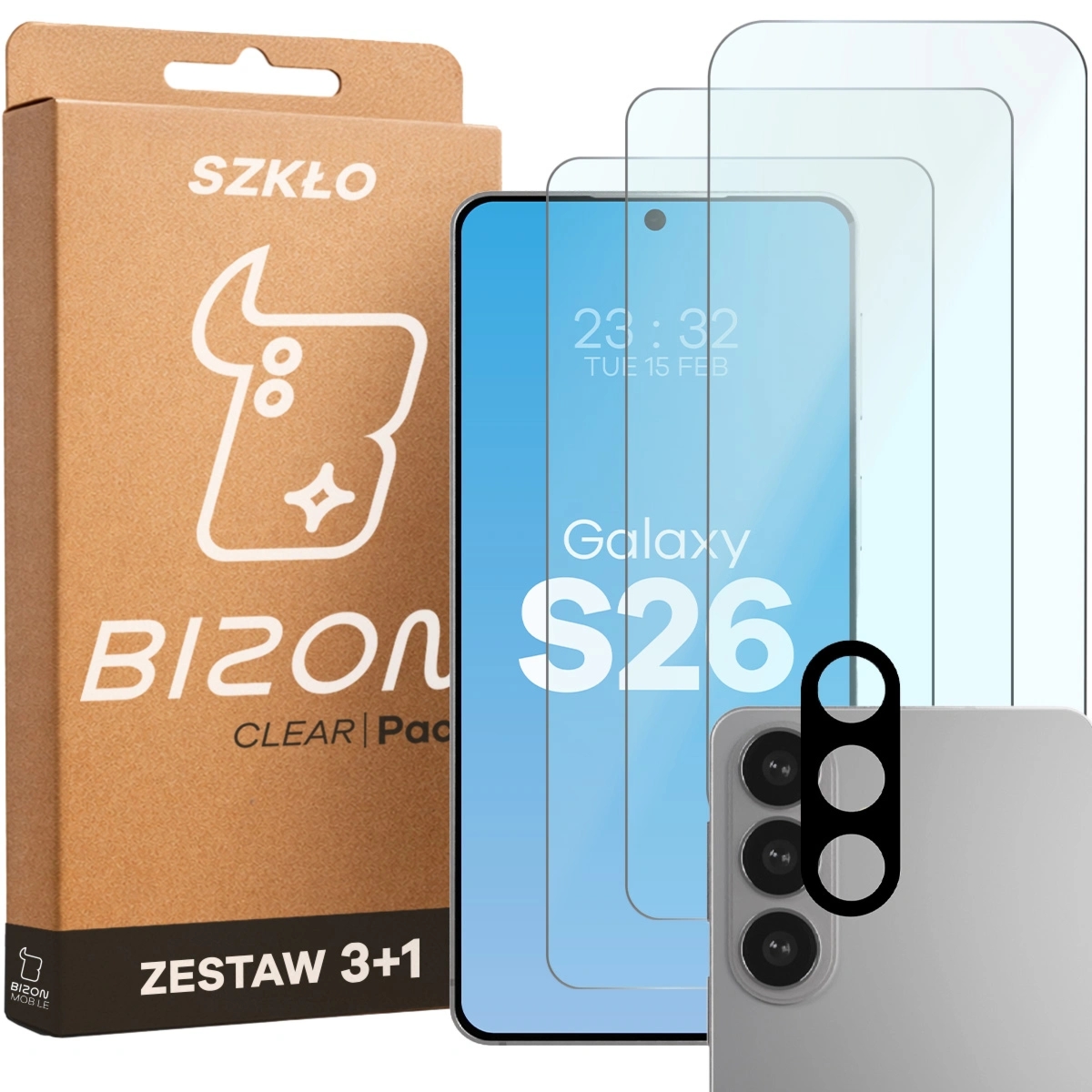 3x Szkło hartowane + szybka na aparat Bizon Glass Clear Pack do Galaxy S26