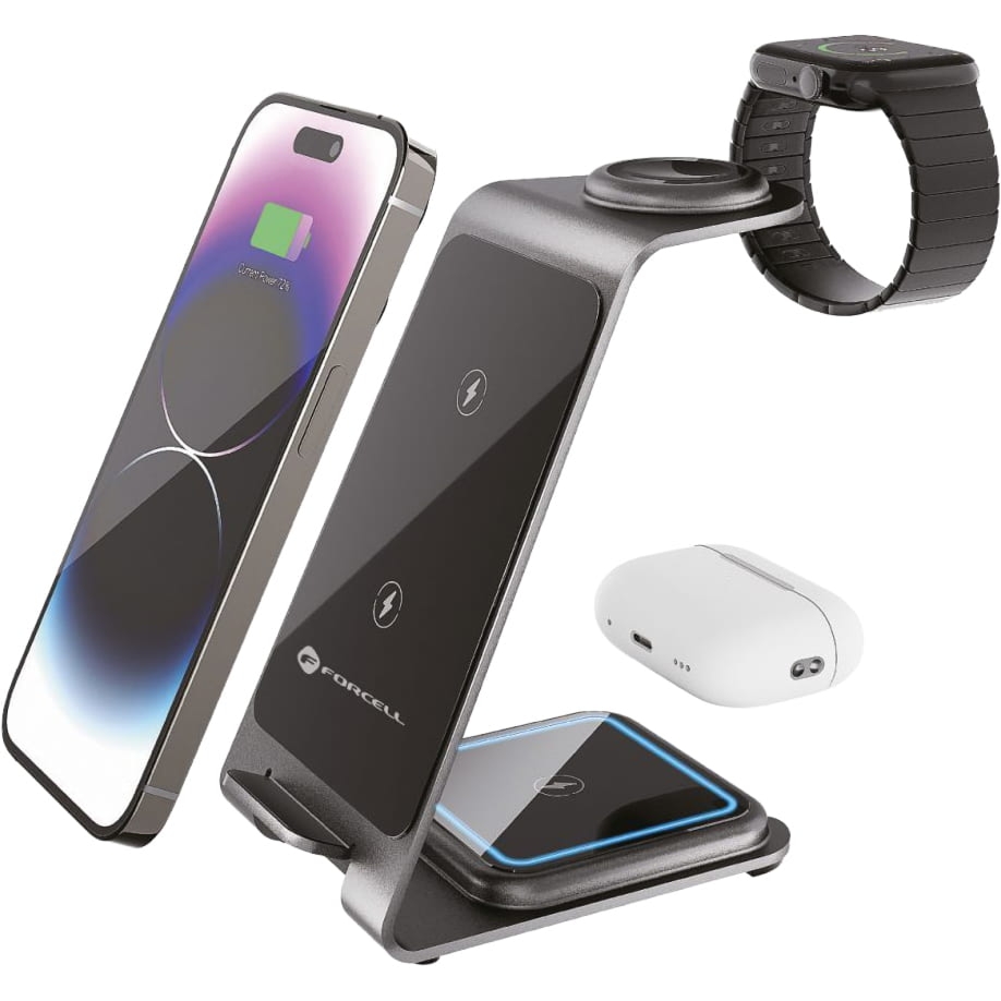 Ładowarka indukcyjna 3w1 Forcell F-Energy Simply Charge, Qi do MagSafe, 15W, szara