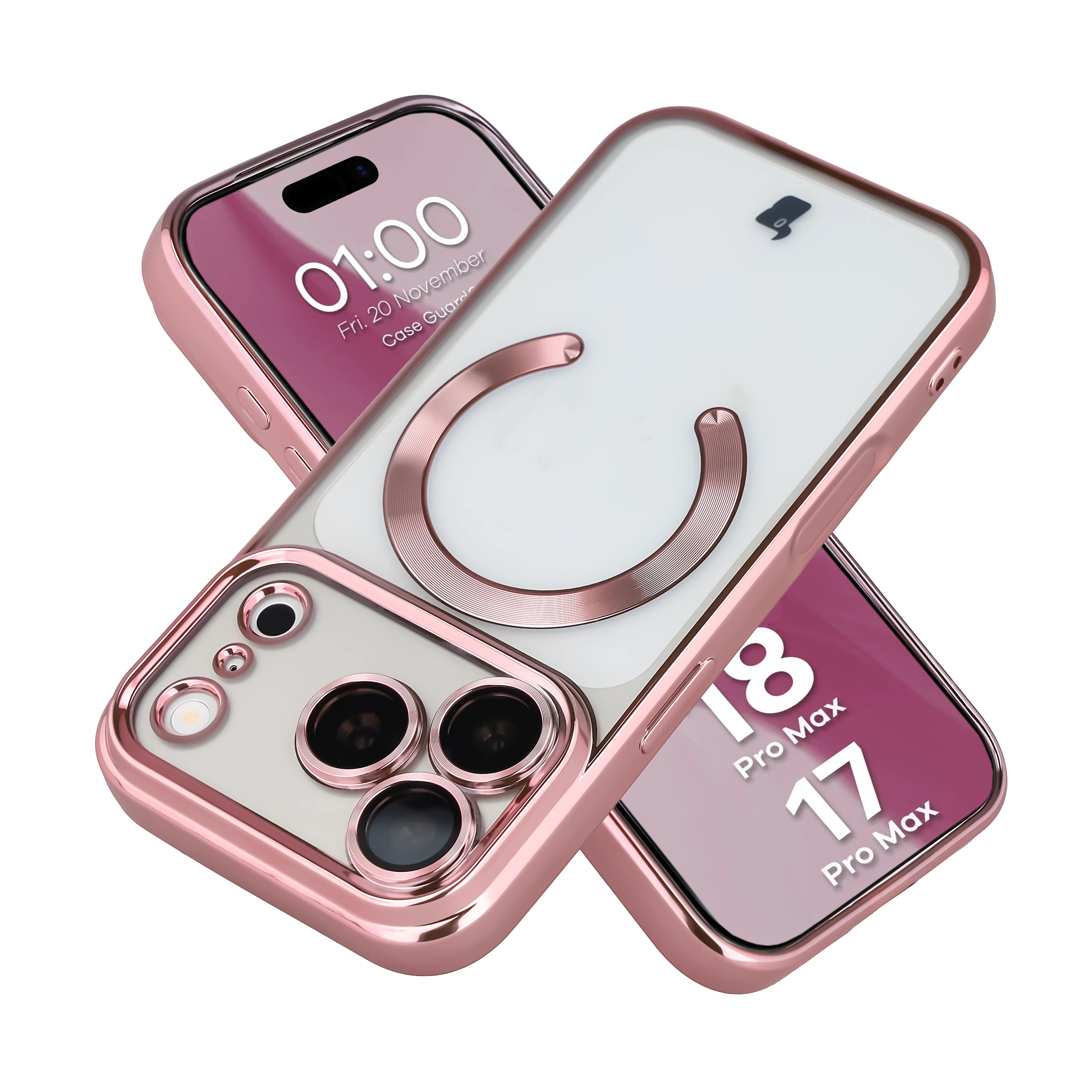 Etui z ochroną aparatu i pierścieniem magnetycznym Bizon Case GuardO do iPhone 18 Pro Max / 17 Pro Max, przezroczysto-różowe