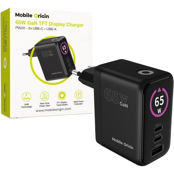 Ładowarka sieciowa GaN 2x USB-C PD, USB-A, 65W, Mobile Origin, wyświetlacz, czarna