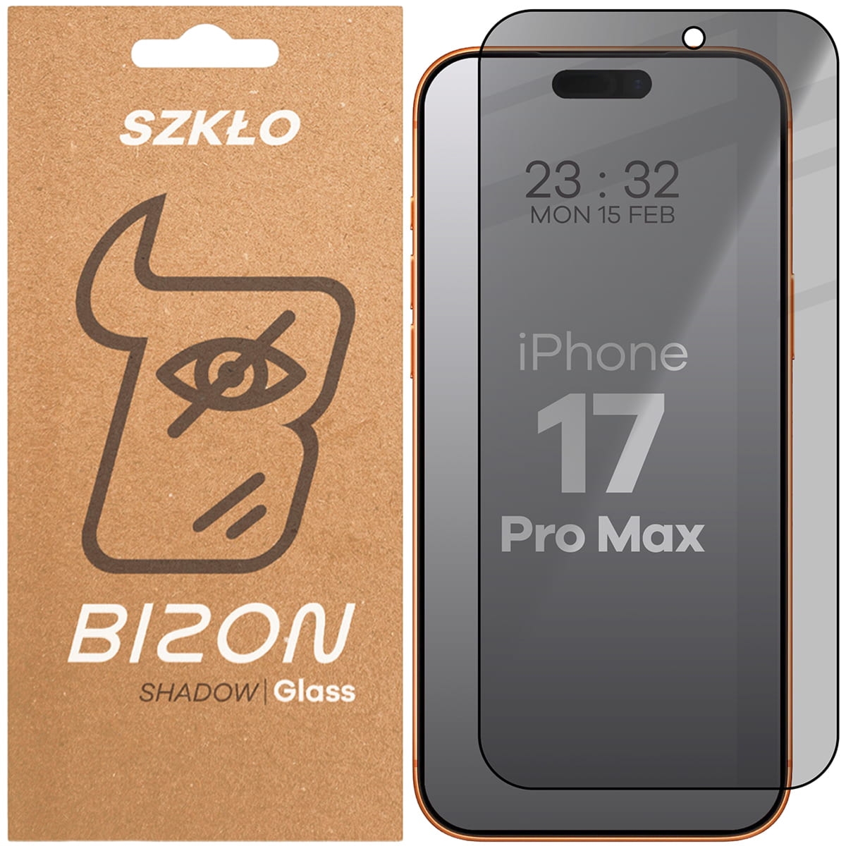 Prywatyzujące szkło hartowane Bizon Glass Edge Shadow do iPhone 17 Pro Max, przyciemniane z czarną ramką